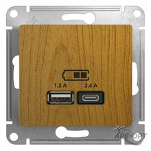 Изображения товара Glossa Дерево Дуб USB Розетка A+С, 5В/2,4А, 2х5В/1,2 А, механизм | GSL000539 | SE