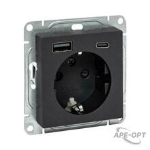 Изображения товара Механизм розетки с USB-A+С - 2шт, 16А, с заземлением, со шторками, чёрный Эпика EKF | UP1-SOB-111-USBA+USBC | EKF