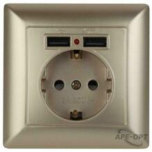 Изображения товара 4-410-04 Intro Розетка P+E Schuko со шторками, 16А-250В + 2хUSB, СУ, Solo, шампань | Б0043406 | Intro