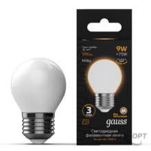 Изображения товара Лампа светодиодная Filament Шар 9W 590lm 3000К Е27 milky LED 1/10/50 | 105202109 | Gauss