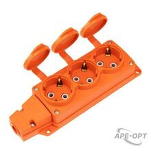 Изображения товара Розетка (колодка) влагозащищенная с крышкой 3 гнезда COMPACT, с/з, 16А, IP54, каучук, оранжевая | 111-227 | REXANT