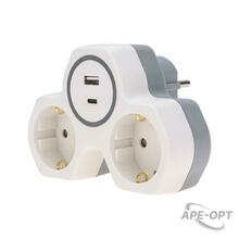 Изображения товара Двойник электрический (разветвитель) 16А с/з + USB-A + USB-C с защитными шторками, белый | 11-1253 | REXANT